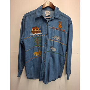 Vintage Embroidered Denim Shirt Noah’s Ark Animals Button Front Cotton Cottage